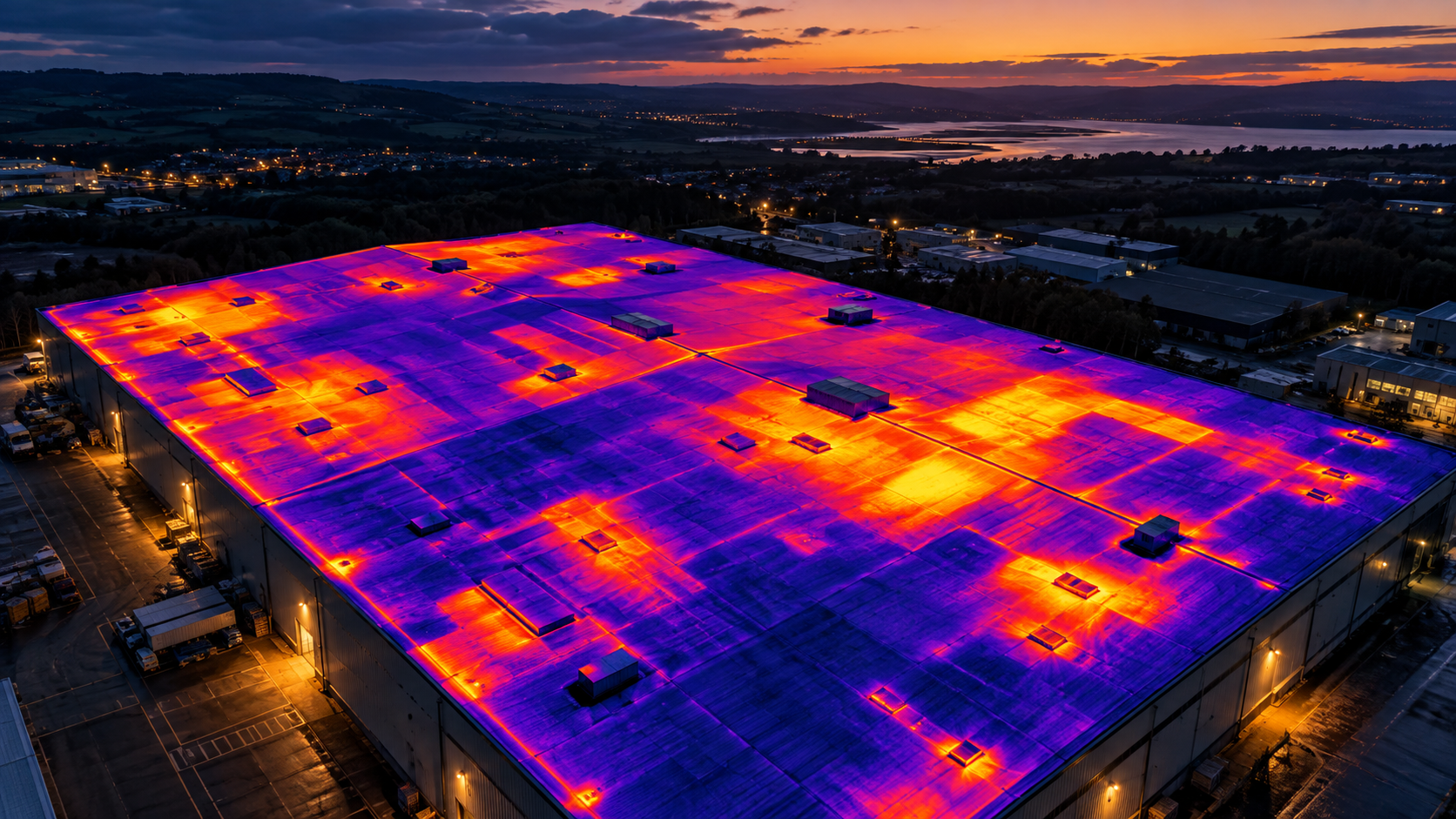 Aerial thermal image of a commercial roof showing insulation and heat anomalies